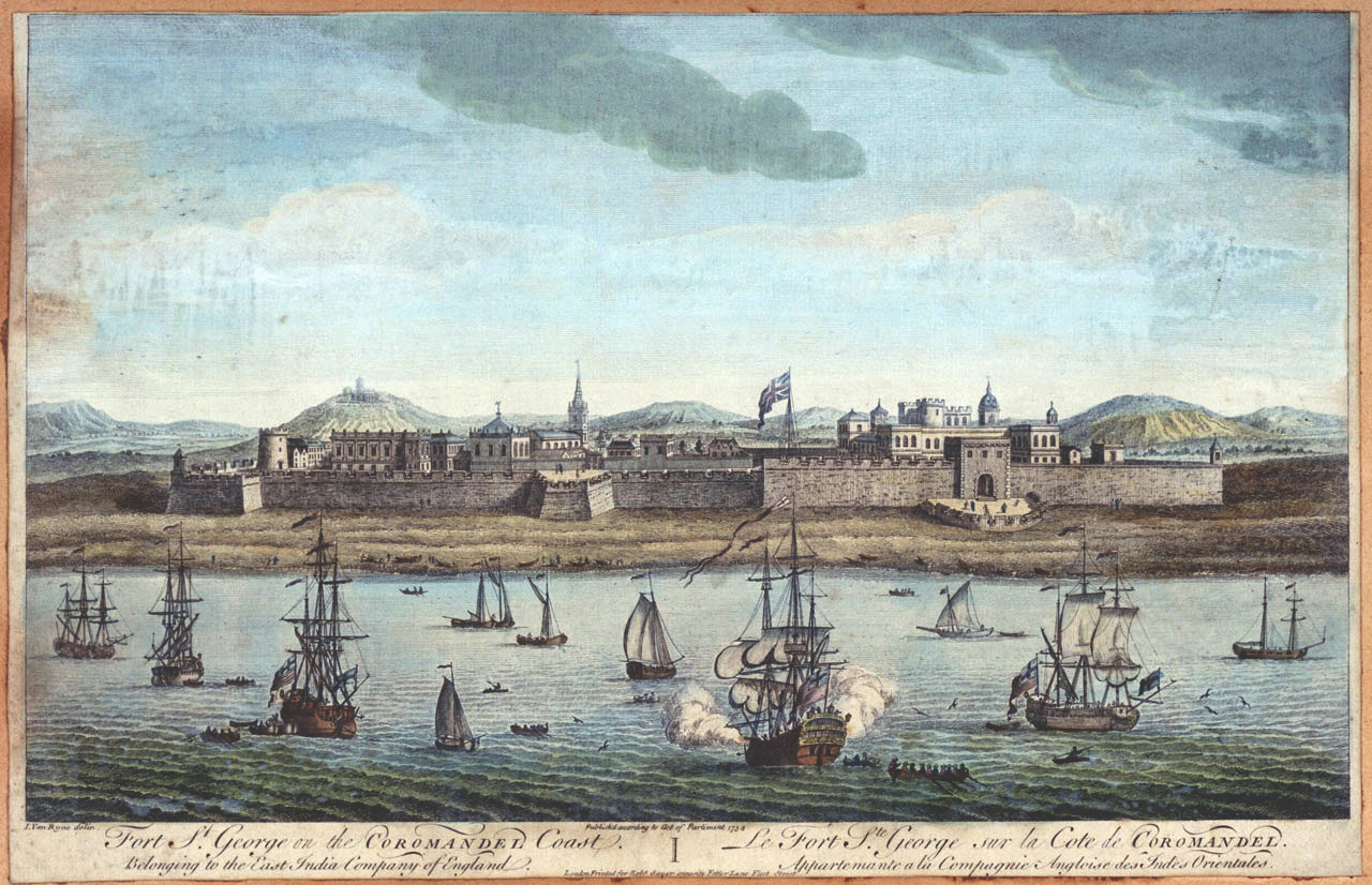 a historical etching of Fort St. George in Madras (Chennai), 1754